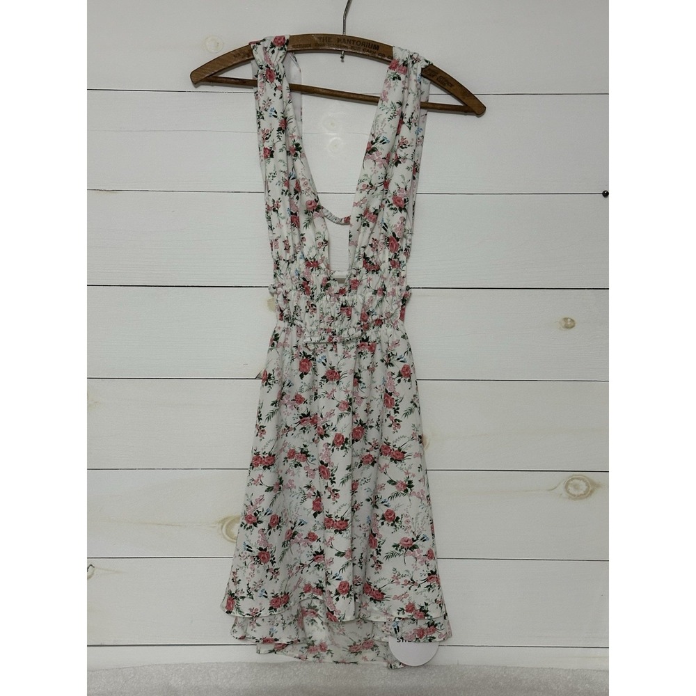 SHEIN Halter‎ Floral Mini Dress White With Pink Rose Print Size XS NWT